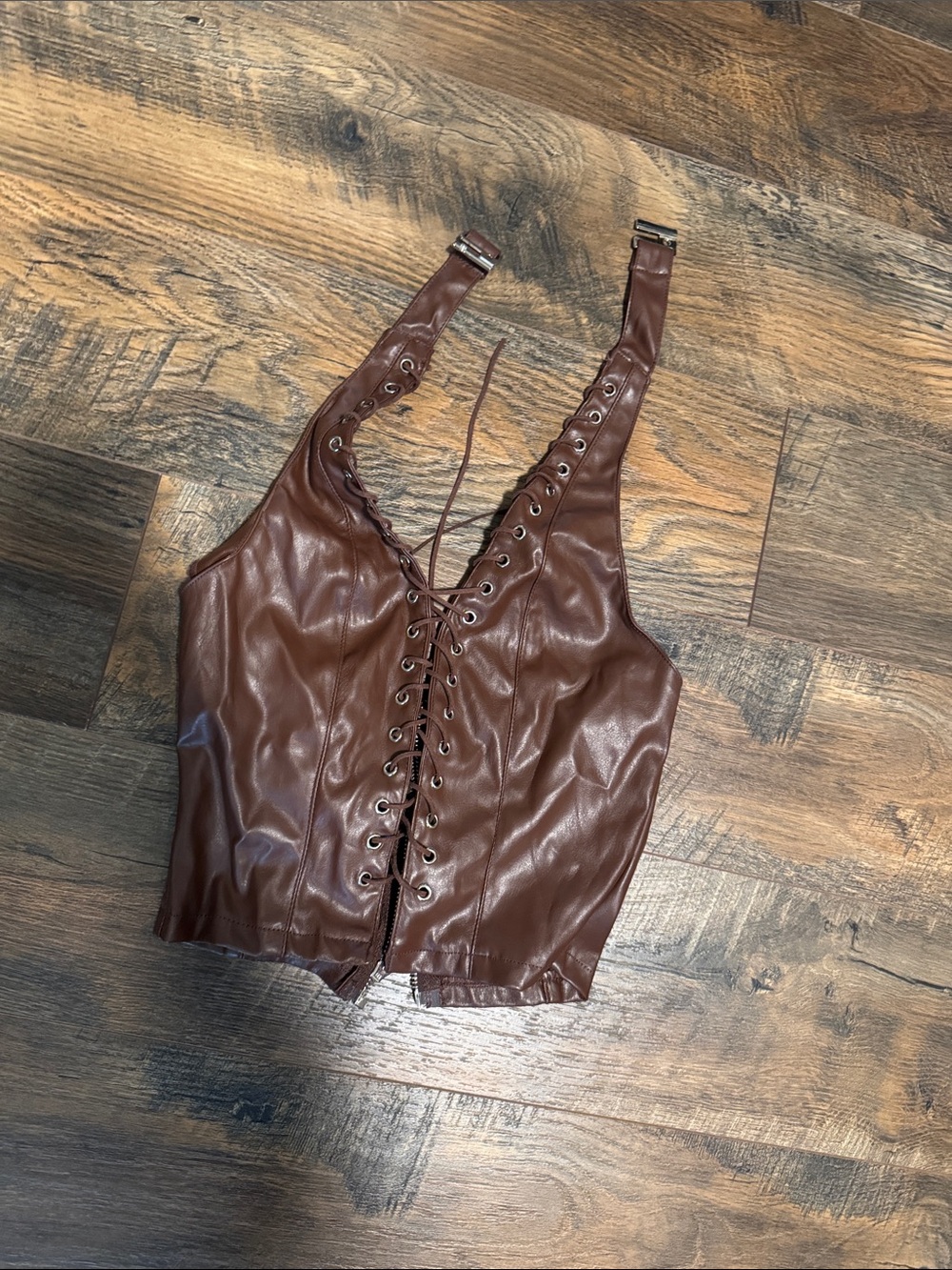 Fashion Nova Brown Lace-Up Faux Leather Camisole